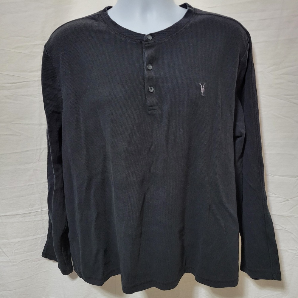 AllSaints Muse Henley Shirt Men Size XXL Black Organic Cotton Thermal Knit LS‎